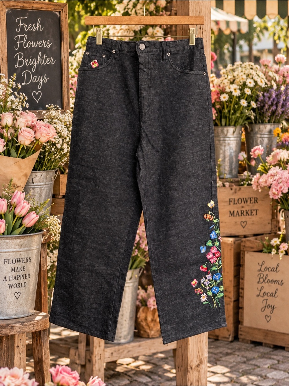 Quacker Factory Black Wide-Leg Jeans with Multicolor Floral Embroidery